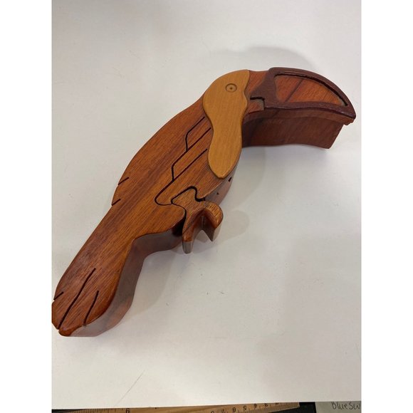 Hand Crafted Intarsia Wood Art Parrot Puzzle Wooden Box /2 Secret Compartments - Picture 2 of 8